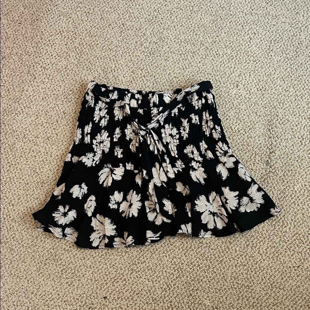 Black Floral Mini Skirt with Cream Flower Print